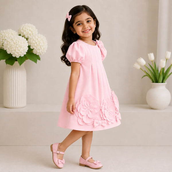 A young girl with a pink bow in her hair is wearing a light pink short-sleeve dress with 3D floral appliques on the skirt, paired with matching pink Mary Jane shoes. She is standing in a bright, modern room with white flower vases on a shelf behind her.