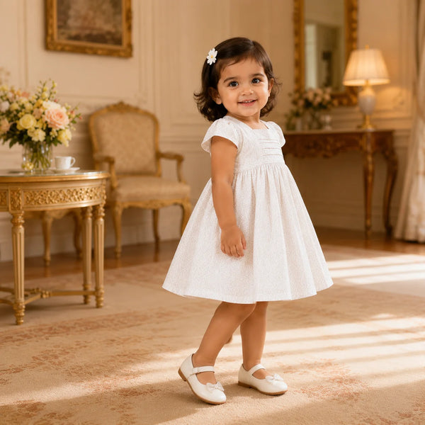 A young toddler girl with a small white flower hair clip is wearing a short-sleeved white dress and white Mary Jane shoes, standing in a beautifully decorated, sunlit vintage room with gold furniture and warm lighting.