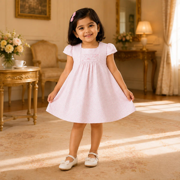 A young girl with dark hair wearing a light pink short-sleeve dress with a smocked chest panel and white shoes, standing in a warm, sunlit vintage room.