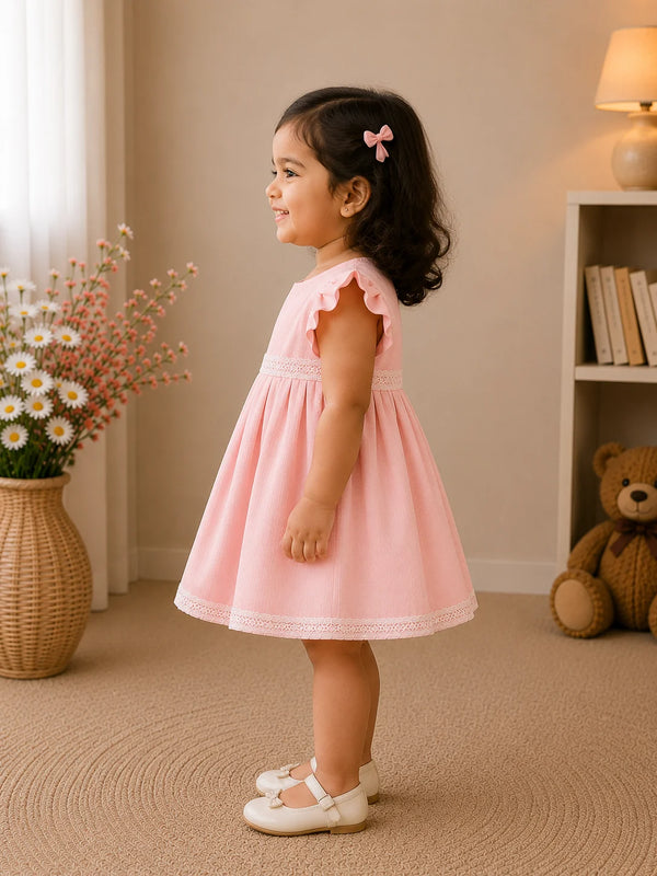 A young toddler girl wearing a light pink sleeveless dress with ruffled shoulders and white Mary Jane shoes, standing in a warm, cozy room with a bookshelf, teddy bear, and daisy vase in the background.