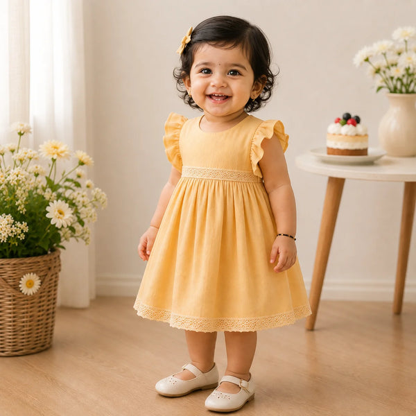 A toddler girl wearing a light yellow ruffle-sleeve dress with lace trim and white Mary Jane shoes, standing in a bright, warm room with flowers and a small table in the background.