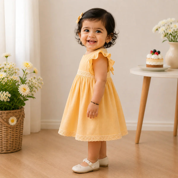 Pearl Lace Trim Dress — Yellow