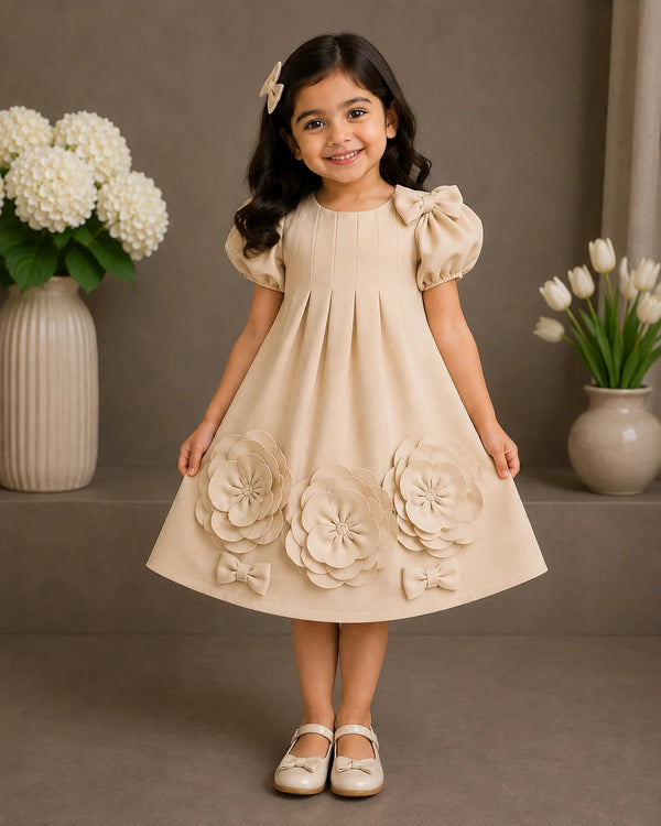 A young girl with dark hair wearing a beige dress with 3D floral appliqués and puff sleeves, standing in a studio setting with decorative flower vases in the background.