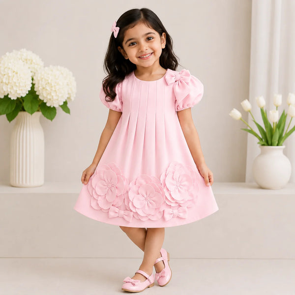 A young girl with dark hair wearing a light pink pleated dress with 3D floral appliqués and bow details, standing in a bright, neutral room with white flowers in the background.