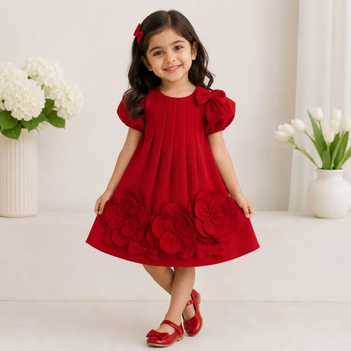 A young girl with dark hair wearing a red short-sleeve dress with 3D fabric flowers on the hem and matching red shoes, standing in a bright room with white flowers in vases.