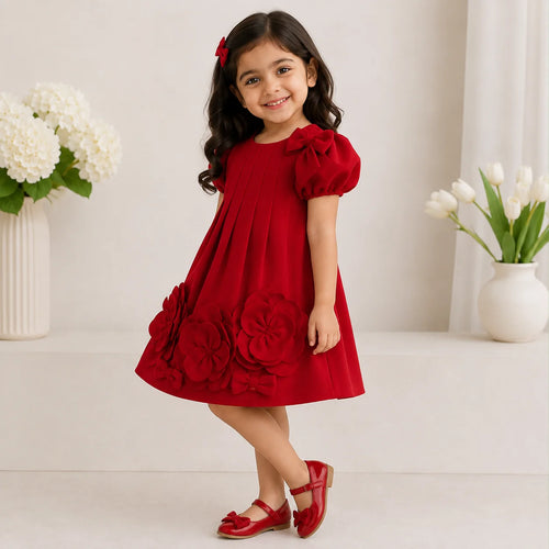 A young girl with dark curly hair wearing a bright red dress with 3D fabric flowers and matching red shoes, standing in a bright, neutral room with white flowers in the background.