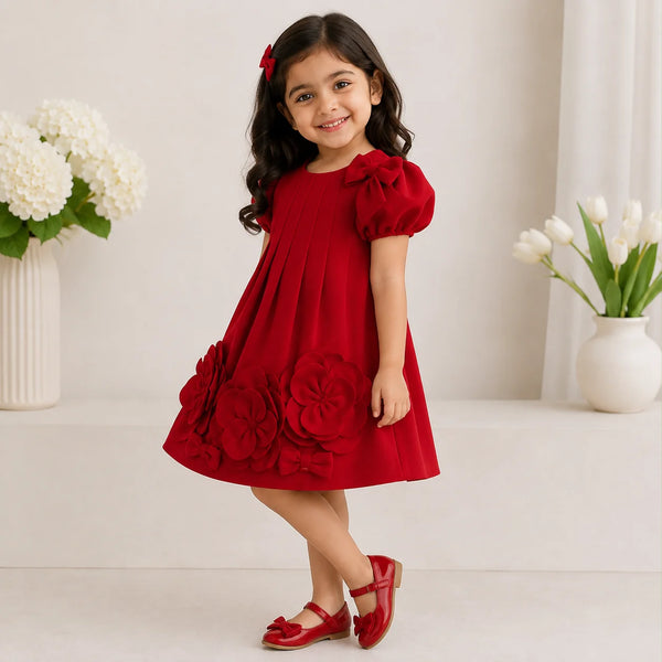 A young girl with dark curly hair wearing a bright red dress with 3D fabric flowers and matching red shoes, standing in a bright, neutral room with white flowers in the background.