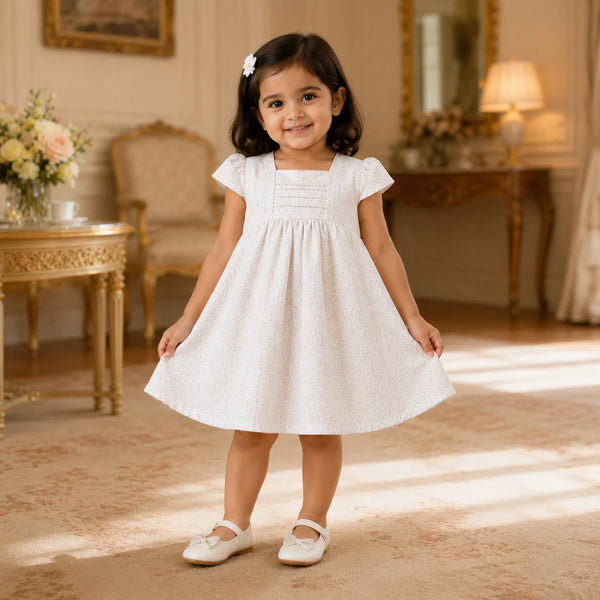 A young girl with dark hair wearing a white textured dress with smocked bodice details and white Mary Jane shoes, standing in a beautifully decorated vintage-style room with gold accents.