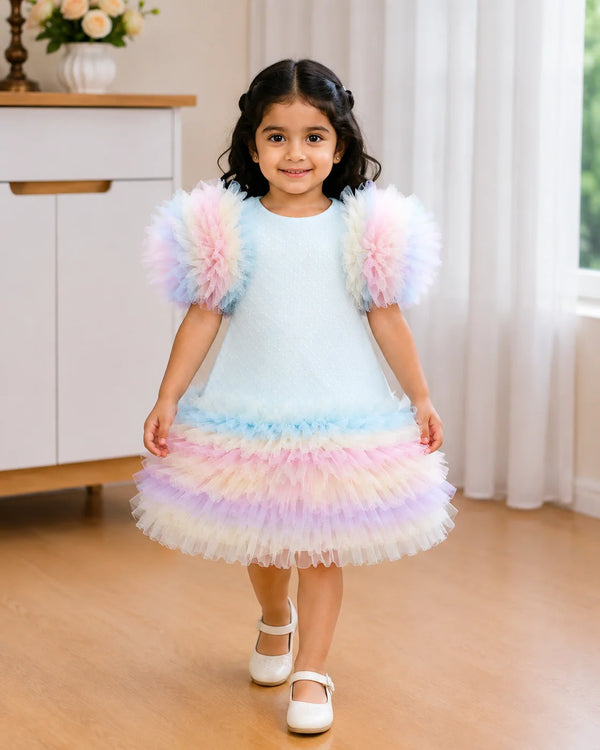 A young girl wearing a pastel rainbow tulle dress with fluffy pom-pom sleeves, walking in a brightly lit room with wooden floors and white curtains.