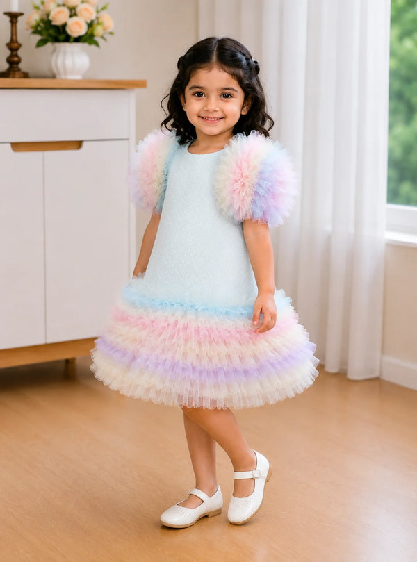 A young girl with dark curly hair stands in a bright room wearing a pastel light blue dress with fluffy tulle shoulder details and a layered ruffled skirt in pastel pink, purple, and blue. She is wearing white Mary Jane shoes.