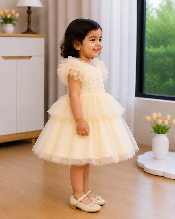 A toddler girl wearing a pale yellow tiered tulle dress with ruffled sleeves and cream Mary Jane shoes, standing in a bright room with a window and wooden floor.
