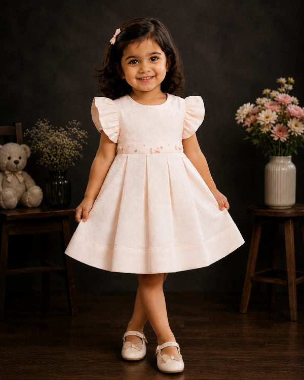 A young girl with curly brown hair wearing a pale pink pleated dress with ruffled sleeves and white Mary Jane shoes, standing in a studio setting with a dark background, wooden floor, and decorative props.