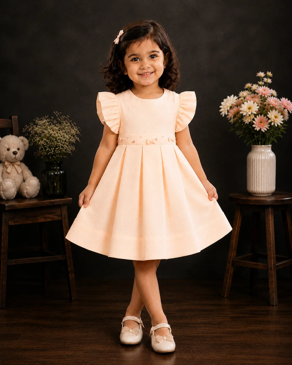 Meadow Pleated Waist Bow Dress — Orange