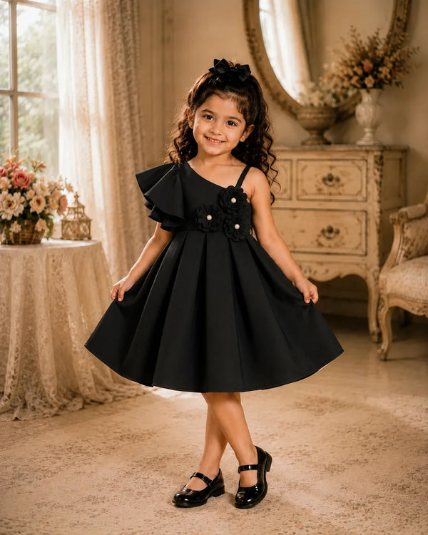 A young girl with curly brown hair wearing a black one-shoulder party dress with ruffle details and black Mary Jane shoes, standing in a vintage-style room with a cream-colored dresser and curtains.