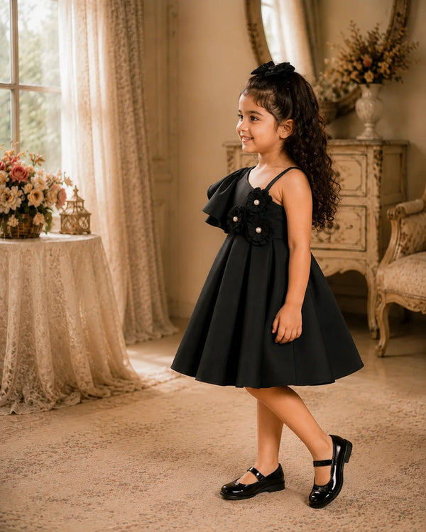A young girl with curly dark hair wearing a sleeveless black dress with ruffled shoulder details and black Mary Jane shoes, standing in a warm, vintage-style room with beige curtains and furniture.