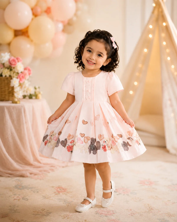 A young girl with curly dark hair wearing a light pink short-sleeve dress with teddy bear and heart patterns, standing in a decorated indoor playroom with a teepee, balloons, and a table.