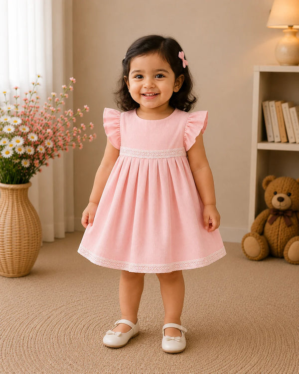 A young toddler girl with dark curly hair wearing a light pink dress with ruffled sleeves and white Mary Jane shoes, standing in a warm, cozy room with a bookshelf, teddy bear, and flowers in the background.