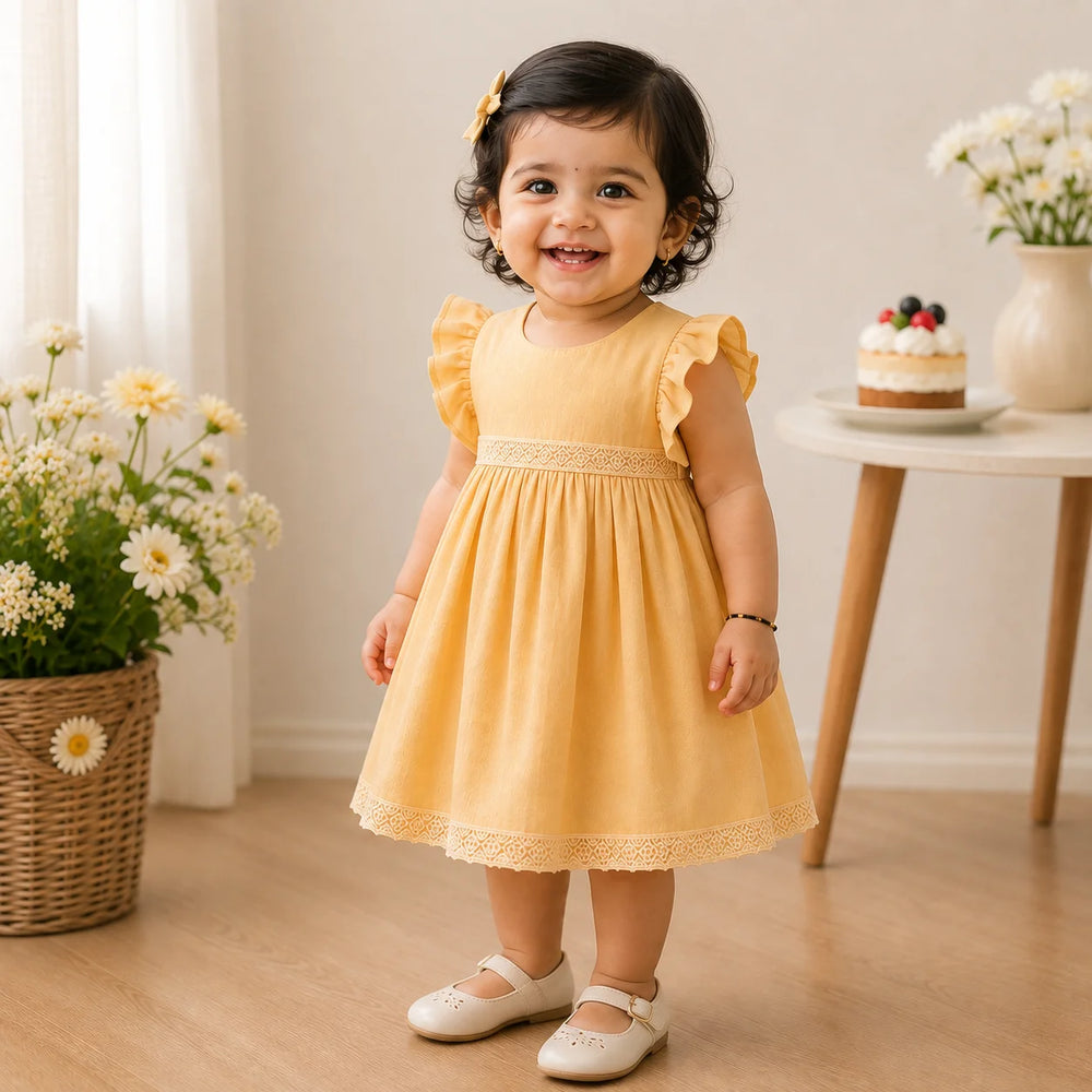 Pearl Lace Trim Dress — Yellow