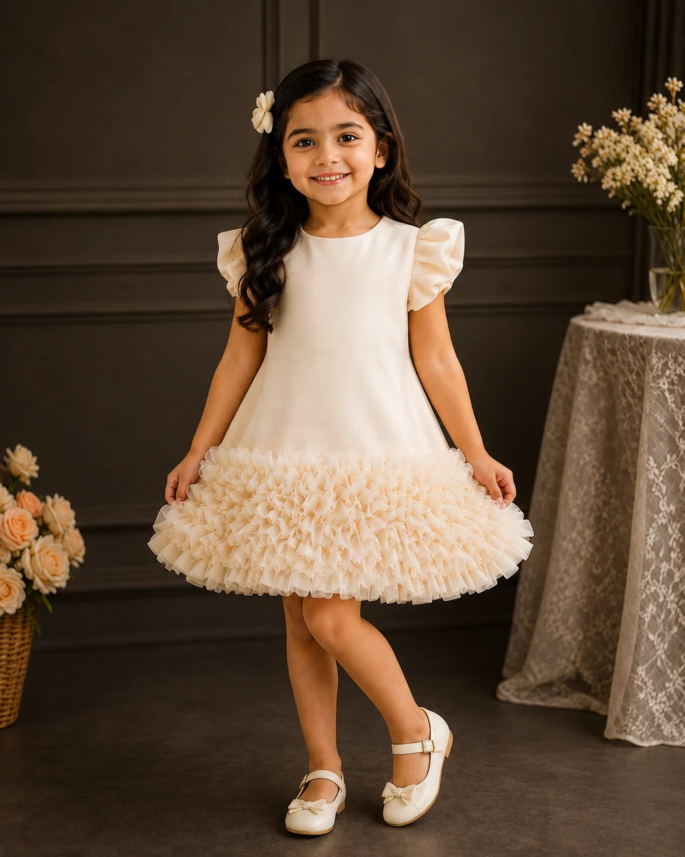 Thea Ruffle Skirt Dress — Beige
