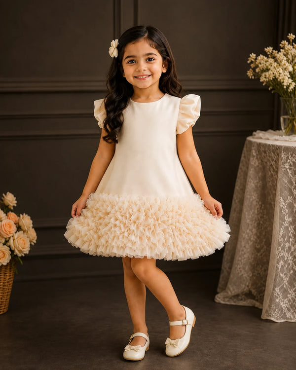 A young girl with long dark hair wearing a cream and beige ruffled dress with flutter sleeves, standing in a decorated indoor setting with a dark paneled wall and floral arrangements.